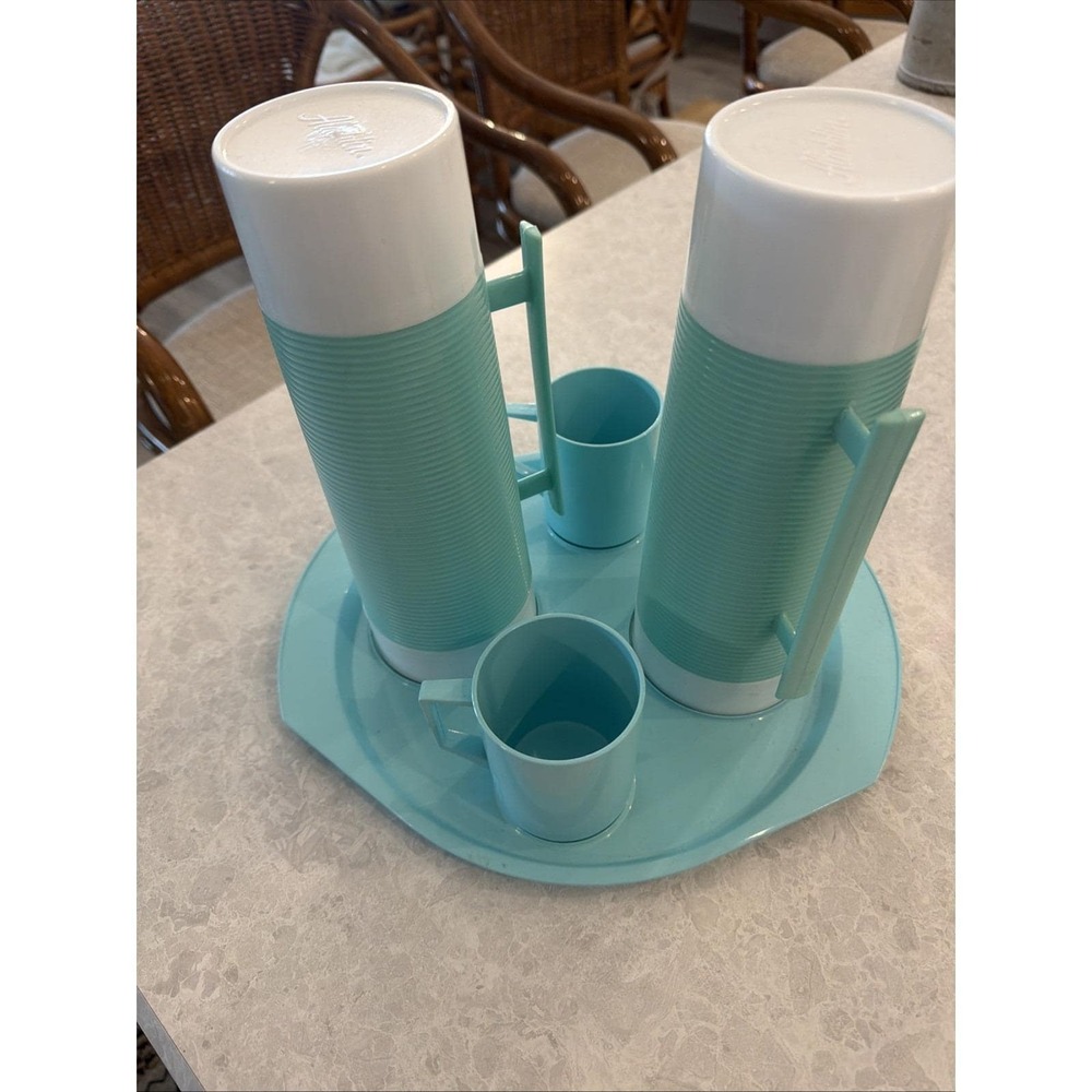 Vintage Aqua Aladdin Thermos Tray Set